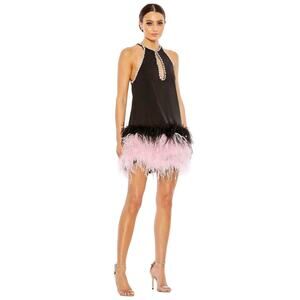 Mac Duggal NWT Feather Finished Short Beaded Beaded Dress in Black Size 2